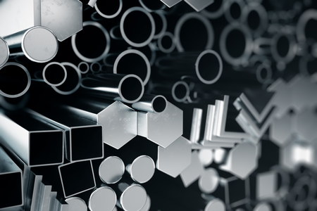 Cylindrical metal steel profiles, hexagonal metal steel profiles, square metal steel profiles. Different stainless steel products, 3D illustrationの写真素材