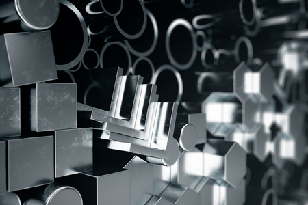 Cylindrical metal steel profiles, hexagonal metal steel profiles, square metal steel profiles. Different stainless steel products, 3D illustrationの写真素材