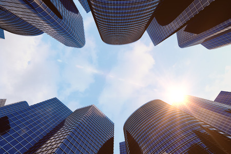 Low angle view of skyscrapers. Skyscrapers at sunset looking up perspective. Bottom view of modern skyscrapers in business district in evening light at sunset. Business concept of success industry tech architecture, 3D renderingの写真素材
