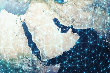 3D Rendering Global Network Background. Connection Lines with Dots Around Earth Globe. Global International Connectivity. . Connection lines Around Earth Globe. Global International Connectivity, Elements of this image furnished by NASA.の写真素材