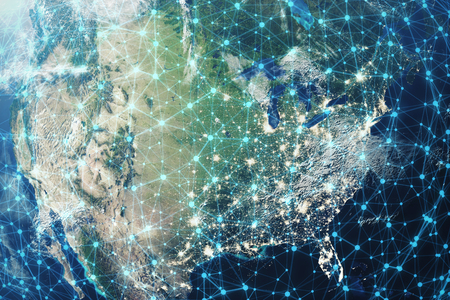 3D Rendering Global Network Background. Connection Lines with Dots Around Earth Globe. Global International Connectivity.の写真素材
