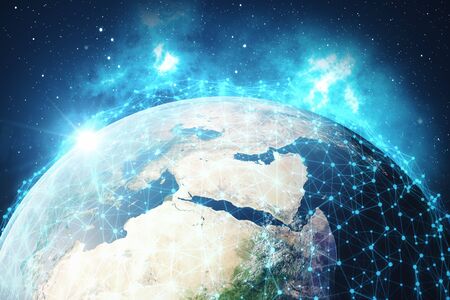 3D Rendering Global Network Background. Connection Lines with Dots Around Earth Globe. Global International Connectivity.の写真素材