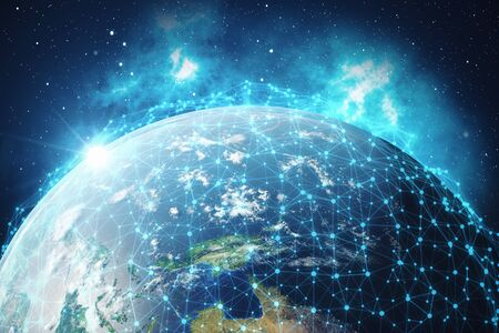 3D Rendering Global Network Background. Connection Lines with Dots Around Earth Globe. Global International Connectivity.の写真素材