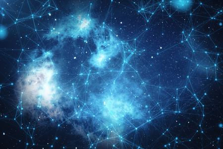 3D Rendering Technological Connection Futuristic Shape, Blue Dot Network, Abstract Background, Blue Background With Stars and Nebula, Concept of Network.の写真素材