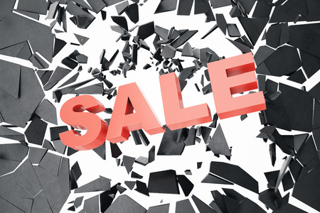 3D Rendering Sale message for shop. Business hopping store banner for sale. Sale crushing ground, with volume light. 3D text breaking through wall.の写真素材