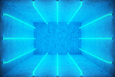 3D Illustration Abstract blue room interior with blue neon lamps. Futuristic architecture background. Box with concrete wall. Mock-up for your design project,の写真素材