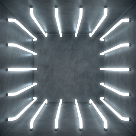 3D Illustration Abstract white room interior with white glow neon lamps. Futuristic architecture background. Empty white Box with concrete wall. Mock-up for your design project.の写真素材