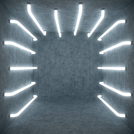 3D Illustration Abstract white room interior with white glow neon lamps. Futuristic architecture background. Empty white Box with concrete wall. Mock-up for your design project.の写真素材