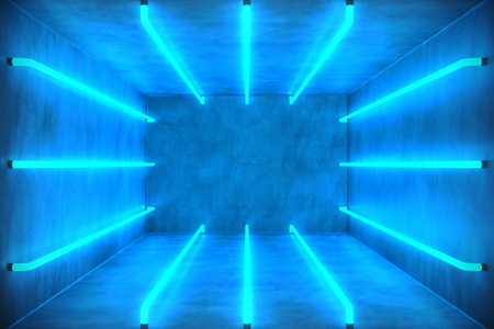 3D Illustration Abstract blue room interior with blue neon lamps. Futuristic architecture background. Box with concrete wall. Mock-up for your design project,の写真素材