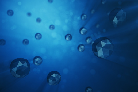 3D illustration abstract background of chaotic low poly spheres. Particle in dusty space. Blue futuristic background with depth of field effect, bokeh and volume light.の写真素材