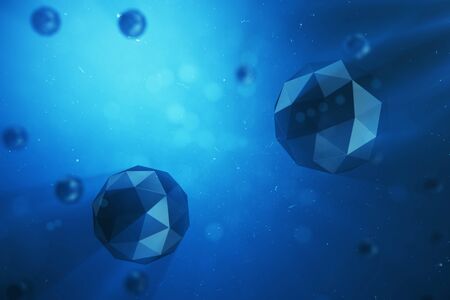 3D illustration abstract background of chaotic low poly spheres. Particle in dusty space. Blue futuristic background with depth of field effect, bokeh and volume light.の写真素材