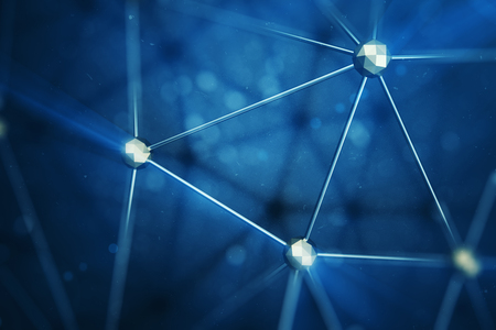 3D illustration Abstract bacgkround connection dots and lines of technology. Connection structure. Science background. Futuristic polygonal background with depth of field effect, bokeh.の写真素材