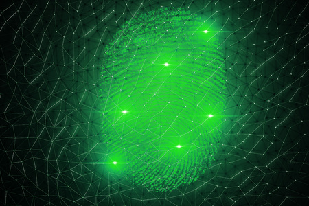3D illustration. Fingerprint Scanning Identification System. Fingerprint scan provides security access with biometrics identification, person touching screen with finger in background.の写真素材