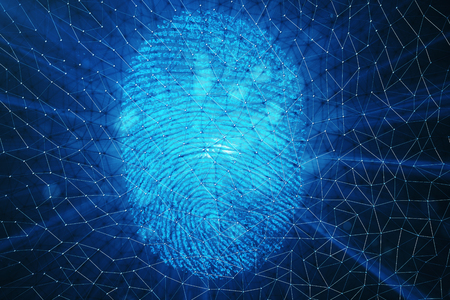 3D illustration. Fingerprint Scanning Identification System. Fingerprint scan provides security access with biometrics identification, person touching screen with finger in blue background.の写真素材