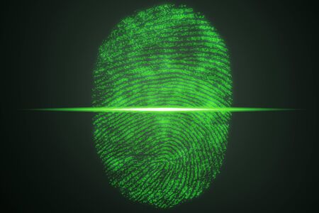 3D illustration. Fingerprint Scanning Identification System. Fingerprint scan provides security access with biometrics identification, person touching screen with finger in backgroundの写真素材