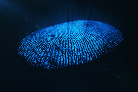 3D illustration. Fingerprint Scanning Identification System. Fingerprint scan provides security access with biometrics identification, person touching screen with finger in blue backgroundの写真素材