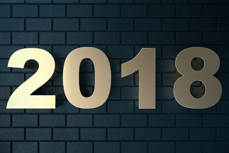 3d illustration of a golden text on a black background with reflection on the floor. 3d text 2018 happy new year. Gold textの写真素材