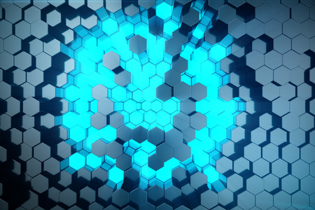 3D illustration Abstract blue of futuristic surface hexagon pattern with light rays. Blue tint...