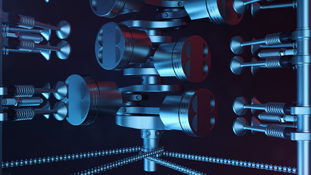 3d illustration of an internal combustion engine. Engine parts, crankshaft, pistons, fuel supply system. V6 engine pistons with crankshaft on a black background. Illustration of car engine inside.の写真素材