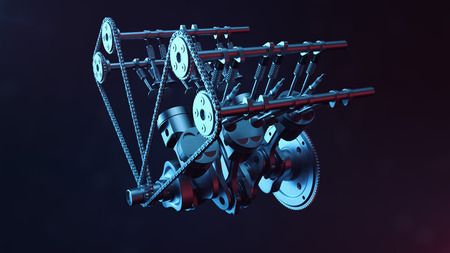3d illustration of an internal combustion engine. Engine parts, crankshaft, pistons, fuel supply system. V6 engine pistons with crankshaft on a black background. Illustration of car engine inside.の写真素材