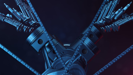 3d illustration of an internal combustion engine. Engine parts, crankshaft, pistons, fuel supply...