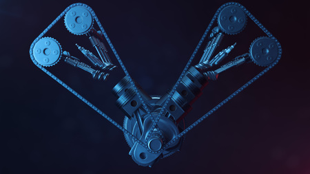 3d illustration of an internal combustion engine. Engine parts, crankshaft, pistons, fuel supply system. V6 engine pistons with crankshaft on a black background. Illustration of car engine insideの写真素材