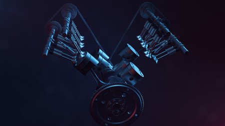 3d illustration of an internal combustion engine. Engine parts, crankshaft, pistons, fuel supply system. V6 engine pistons with crankshaft on a black background. Illustration of car engine insideの写真素材