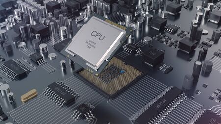 3D Illustration close-up view electronic circuit board. Computer technology. Motherboard with CPU...