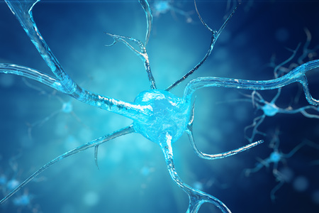 Conceptual illustration of neuron cells with glowing link knots. Synapse and Neuron cells sending electrical chemical signals. Neuron of Interconnected neurons with electrical pulses, 3D illustrationの写真素材