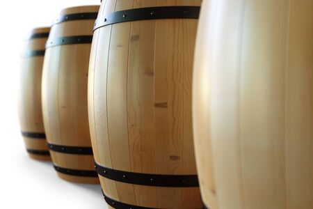 3D Illustration wooden barrels wine isolated on white background. Alcoholic drink in wooden barrels,...