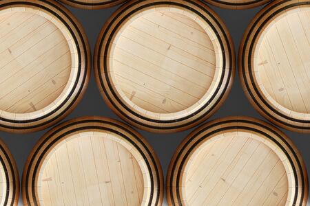 3D Illustration background wooden barrels wine. Alcoholic drink in wooden barrels, such as wine, cognac, rum, brandy.の写真素材