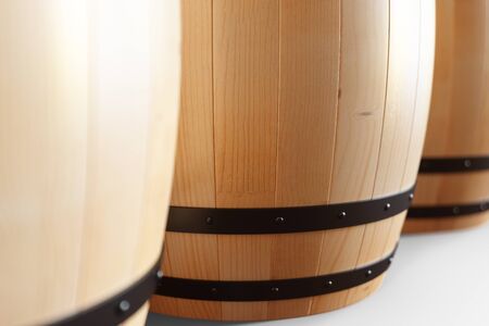 3D Illustration wooden barrels wine isolated on white background. Alcoholic drink in wooden barrels,...