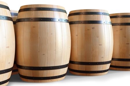 3D Illustration wooden barrels wine isolated on white background. Alcoholic drink in wooden barrels, such as wine, cognac, rum, brandy.の写真素材
