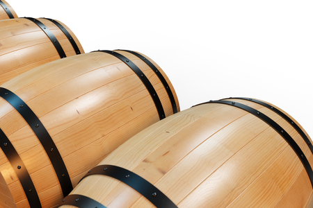 3D Illustration background wooden barrels wine. Alcoholic drink in wooden barrels, such as wine, cognac, rum, brandy.の写真素材