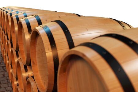 3D Illustration background wooden barrels wine. Alcoholic drink in wooden barrels, such as wine,...