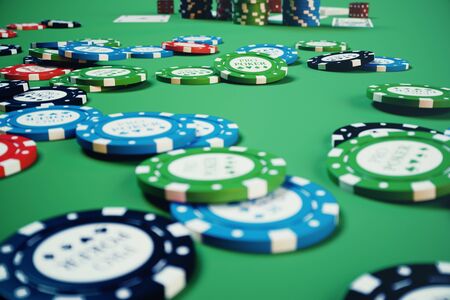 3D illustration playing chips, cards and money for casino game on green table. Real or Online casino concept.の写真素材