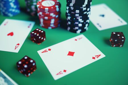 3D illustration playing chips, cards and money for casino game on green table. Real or Online casino...