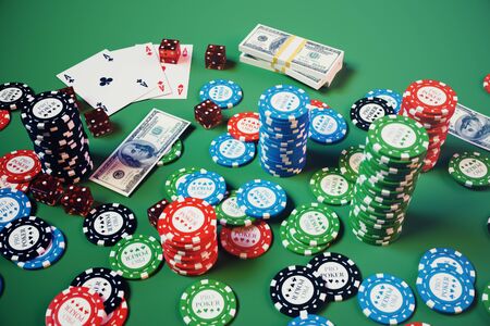 3D illustration casino game. Chips, playing cards for poker. Poker chips, red dice and money on green table. Online casino concept.の写真素材