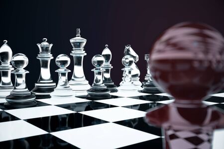 3D illustration Chess game on board. Concepts business ideas and strategy ideas. Glass chess figures on a dark background with depth of field effects.の写真素材