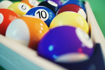 3D illustration recreation sport. Billiards balls with on green billiards table. Billiard sport concept. Pool billiard gameの写真素材