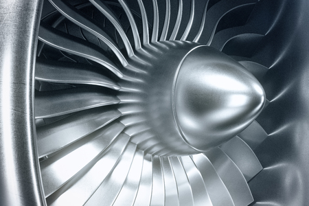 3D Rendering jet engine, close-up view jet engine blades. Blue tint.の写真素材