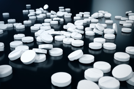 3D rendering pills, white pills scattered on black background. Medicines for treatment....