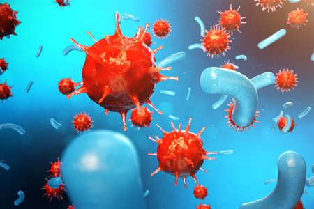 3D illustration pathogenic viruses causing infection in host organism. Viral disease epidemic. Virus...