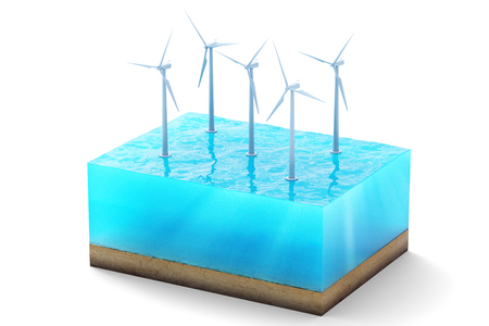 3d rendering of cross section of water cube isolated on white background. Wind turbines in the sea producing clean energyの写真素材