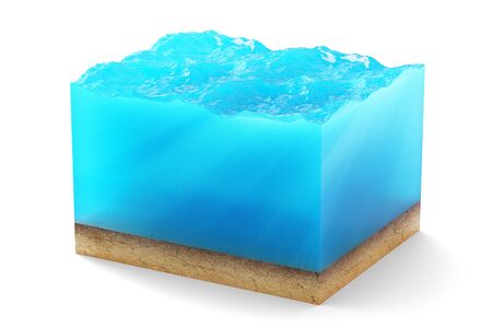 3d rendering of cross section of water cube with sandy bottom underwater isolated on white background.の写真素材