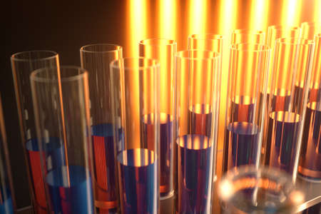 3d illustration of a chemical reaction, the concept of a scientific laboratory on a blue background. Flasks filled with colored liquids with different compositionsの写真素材