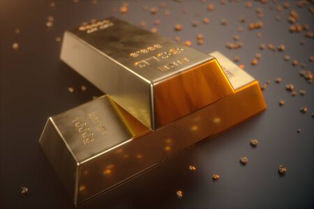 3D illustration close-up Gold Bars, weight of Gold Bars 1000 grams Concept of wealth and reserve. Concept of success in business and financeの写真素材