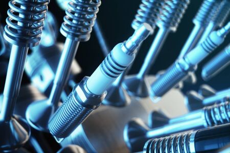 3d illustration of an internal combustion engine. Engine parts, crankshaft, pistons, fuel supply system. V6 engine pistons with crankshaft in motion. Illustration of car engine inside.の写真素材
