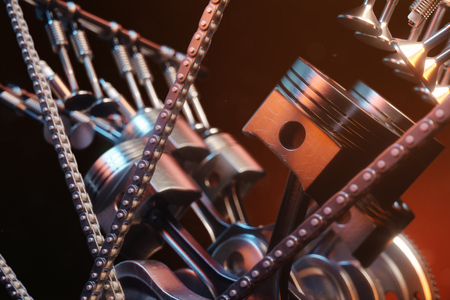 3d illustration of an internal combustion engine. Engine parts, crankshaft, pistons, fuel supply system. V6 engine pistons with crankshaft on a black background. Illustration of car engine inside.の写真素材