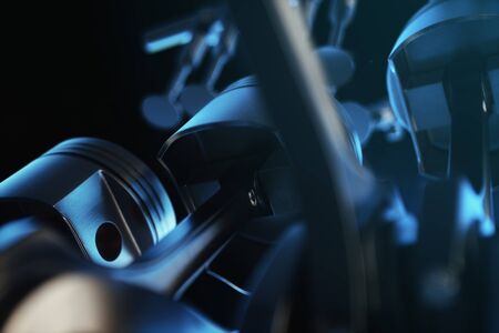 3d illustration of an internal combustion engine. Engine parts, crankshaft, pistons, fuel supply system. V6 engine pistons with crankshaft in motion. Illustration of car engine inside.の写真素材